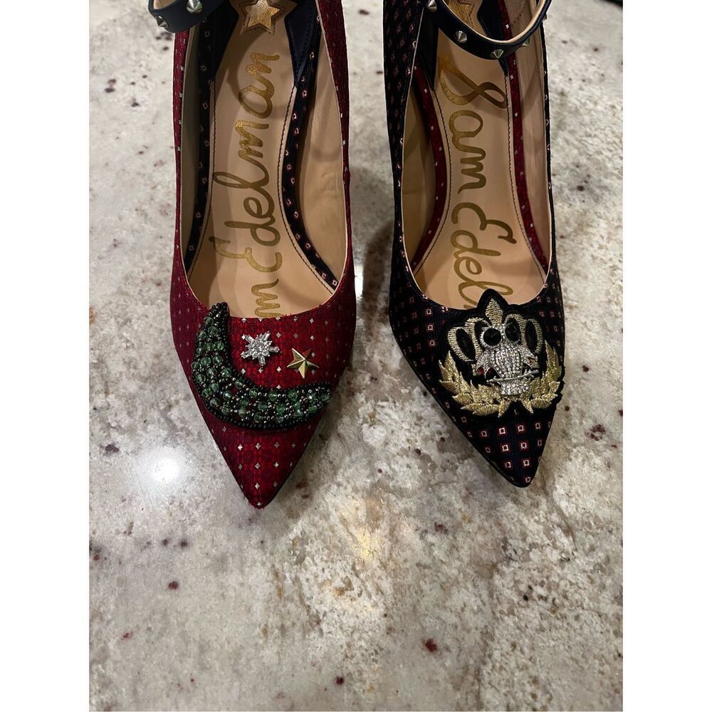 Sam Edelman Hermione Heavily Embellished Ankle Strap Red & Blue Pumps Heels sz 7